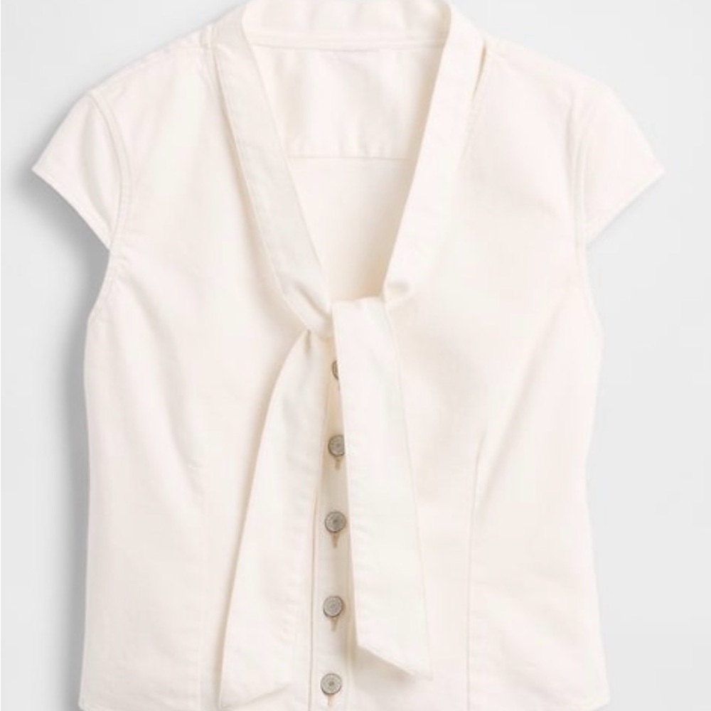 GAP Cream Tie-Neck Cap Sleeve Button Front Blouse - Picture 1 of 5